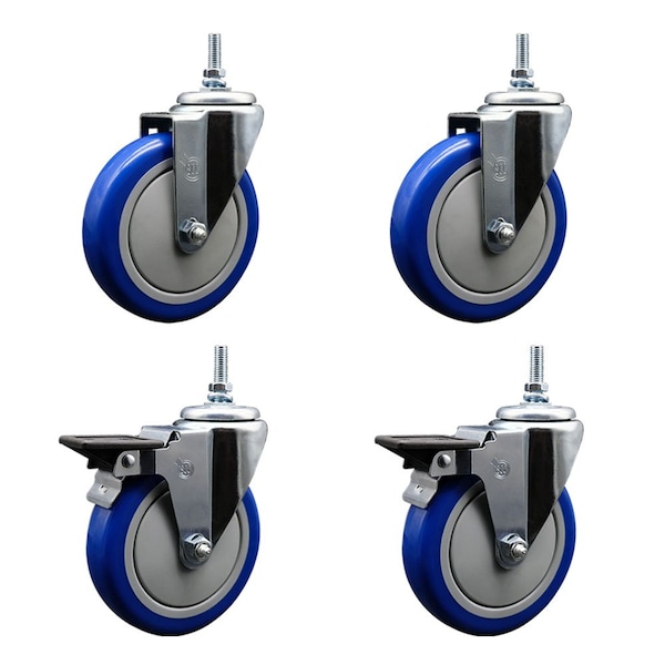 Service Caster 5 Inch Blue Polyurethane 38 Inch Threaded Stem Caster Set 2 Brakes SCC SCC-TS20S514-PPUB-BLUE-381615-2-PLB2 - main